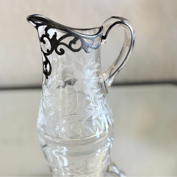 Elegant silver overlay small Glass creamer /Pitcher with Floral Design 6”